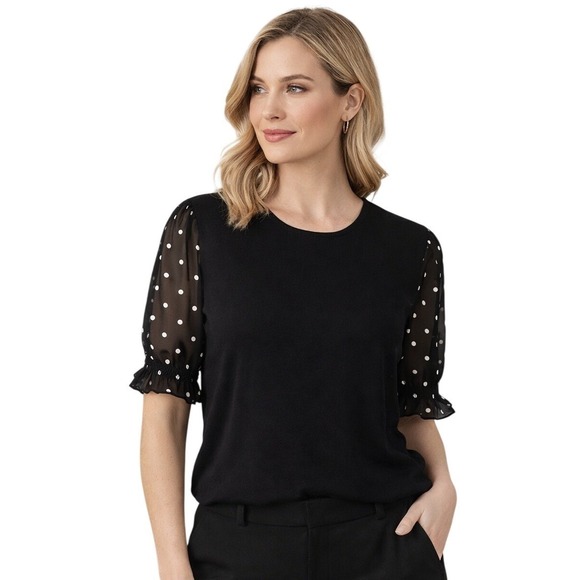 Adrianna Papell Tops - Adrianna Papell Black Blouse Sz L Polka Dot Sheer Sleeve Top Elegant Work office